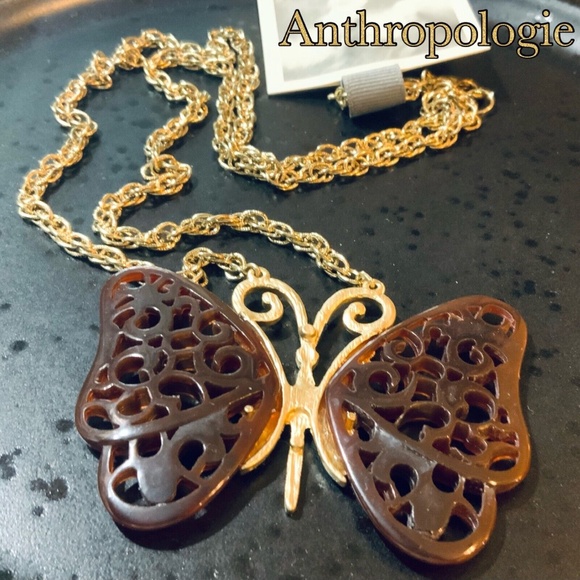 ANTHROPOLOGIE NECKLACE NWT UNIQUE BUTTERFLY- LONG Tortoise Shell Boho Retro Vibe - Picture 1 of 12
